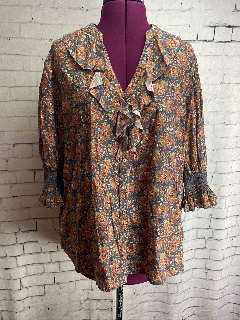Sundance size large Jeanie ruffle blouse blue and brown